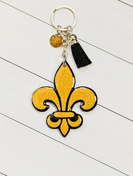 Personalized Gold Fleur de Lis Quatrefoil Pattern Keychain