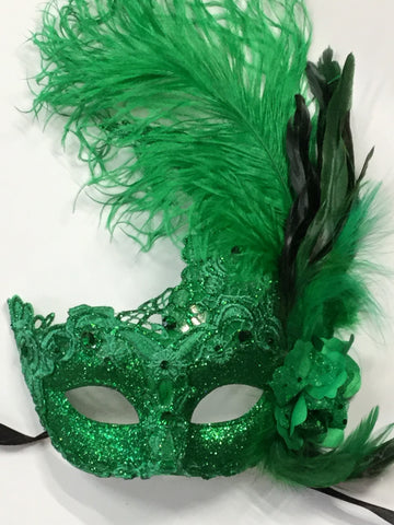 New Orleans Mardi Gras Mask Beads Feathers Green Fabric 2270 